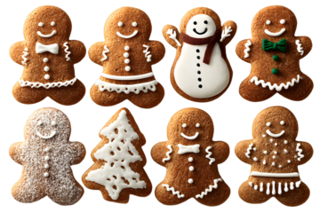 Collection of various gingerbread men cookies isolated on transparent background