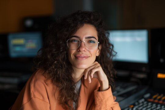 Caucasian young female audio engineer in recording studio with curly hair and glasses