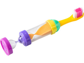 Colorful kids toothbrush with built-in sand timer isolated on transparent background, symbolizing fun dental hygiene.