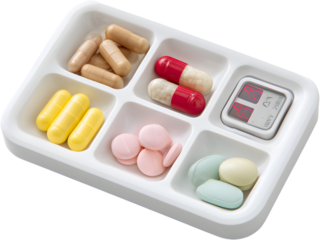 White pill tray with compartments and digital timer isolated on transparent background, symbolizing organization and medication routine.