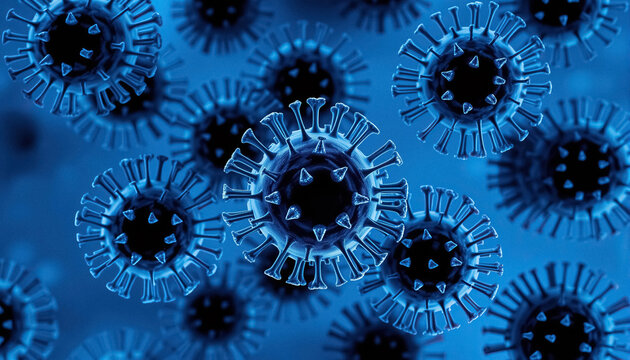Microscopic view of dangerous virus particles in deep blue scientific research background
