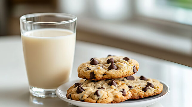 Delicious chocolate chip cookies with a refreshing glass of milk delight with copy space for National Cookie Day, Chocolate Chip Cookie Week, Cookie Exchange Day, Homemade Cookies Day