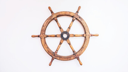 Antique wooden ship's wheel with eight spokes isolated on white background, perfect for nautical themes and creative projects with copy space