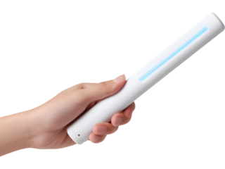 UV sterilizing wand held at an angle isolated on transparent background, symbolizing compact cleaning technology.