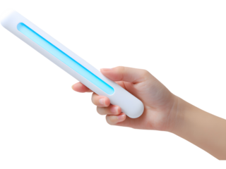 UV sterilizing wand held at an angle isolated on transparent background, symbolizing compact cleaning technology.