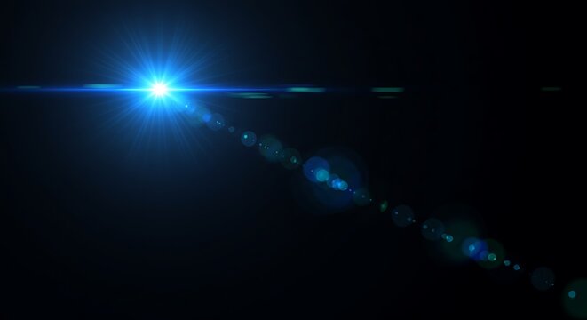 A bright blue lens flare emanates from the left side of a black background, creating a starburst effect with smaller light circles