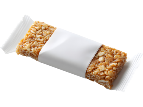 Healthy granola energy bar wrapped in white paper isolated on transparent background, representing natural nutrition and snack food.