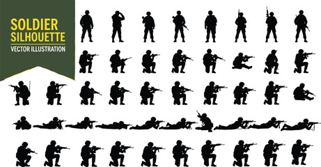 Soldier silhouette vector illustration, military poses, rifle aiming, combat stance, army figure, tactical position, war scene, black outline