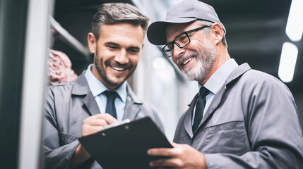 Workers checking refrigeration temperature sensors in meat storage facility, ensuring cold chain integrity with copy space for text overlay