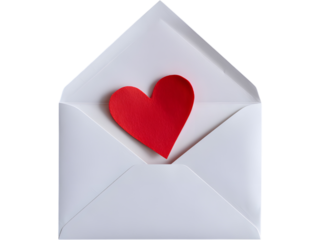 White envelope with red heart symbol isolated on transparent background, representing emotional connection and self-love.