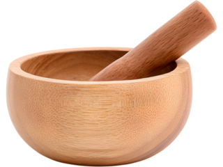 Brass meditation bowl with wooden mallet isolated on transparent background, representing sound healing and mindfulness.