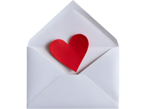 White envelope with red heart symbol isolated on transparent background, representing emotional connection and self-love.