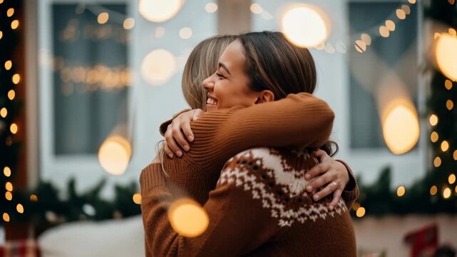 Young caucasian woman embracing friend. Two women showing affection and happy emotion during celebration. Christmas and New Year festive time. - Powered by Adobe