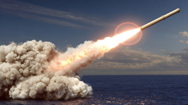 Rocket ascending through clouds with glowing exhaust and dramatic sky colors, showcasing powerful launch with copy space for text overlay - Powered by Adobe