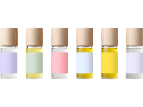 Row of glass bottles with essential oils isolated on transparent background, symbolizing aromatherapy and natural wellness.
