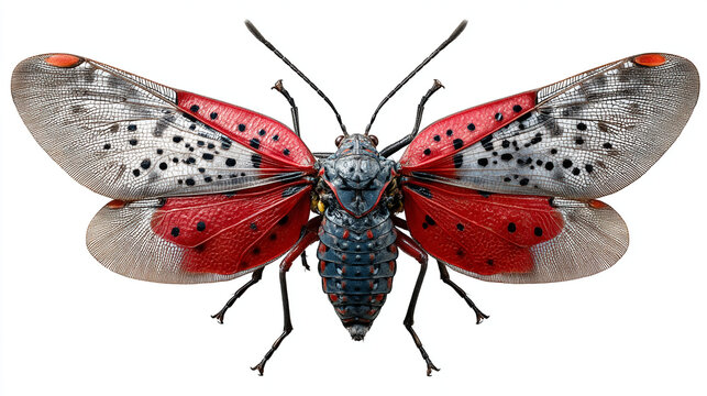Close up of a spotted lanternfly with wings spread against a white background