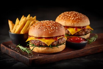 Juicy Burgers With Melted Cheese and Crispy Fries Served on a Wooden Platter at a Diner Details matter.