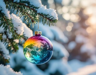 A vibrant rainbow Christmas ornament hanging on a snow-covered evergreen branch with a warm, blurry background.