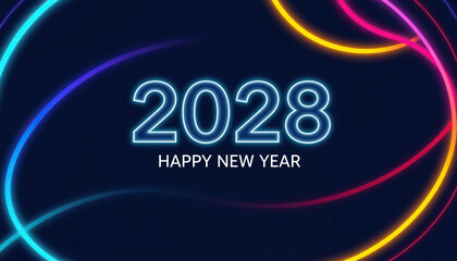 Celebrate the future with vibrant neon lights and a glowing 'Happy New Year 2028' message