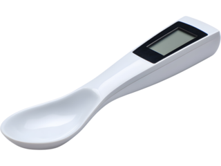 Blue digital measuring spoon isolated on transparent background, symbolizing precision and modern kitchen tools.