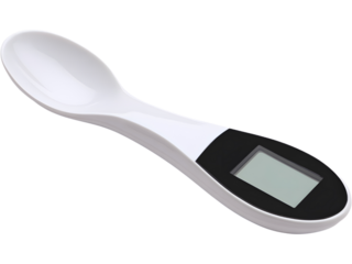 Blue digital measuring spoon isolated on transparent background, symbolizing precision and modern kitchen tools.