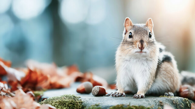 Chipmunk holding acorn on mossy stone surrounded by autumn leaves, with soft lens flare and copy space for creative design projects