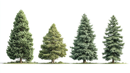 Fototapeta premium A row of four evergreen trees with varying shapes and shades against a white backdrop