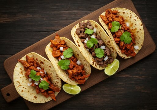 Authentic Mexican Tacos Variety: Carne Asada and Al Pastor served with fresh lime and cilantro on a rustic wooden board.