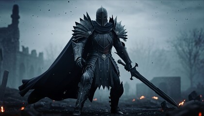 Obraz premium Illustration of Dark Knight in Full Armor with Sword on Battlefield