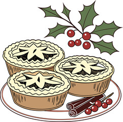 Mince pies with holly and cinnamon