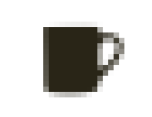 Pixel art mug. Retro 8-bit cup with handle, filled with coffee or tea, square block design,