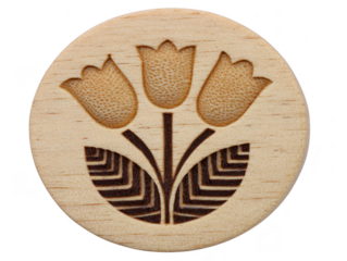 Wooden button with engraved tulip flower design round shape natural color textured surface decorative suitable for crafts sewing or embellishment evokes rustic and cheerful feeling