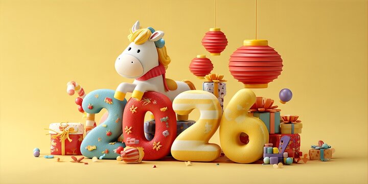 Colorful 2026 Celebration Theme with Gifts, Lanterns, and a Cheerful Unicorn Character