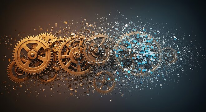 Disintegration of gears into digital particles. Technology transformation, mechanics fading into abstract data.