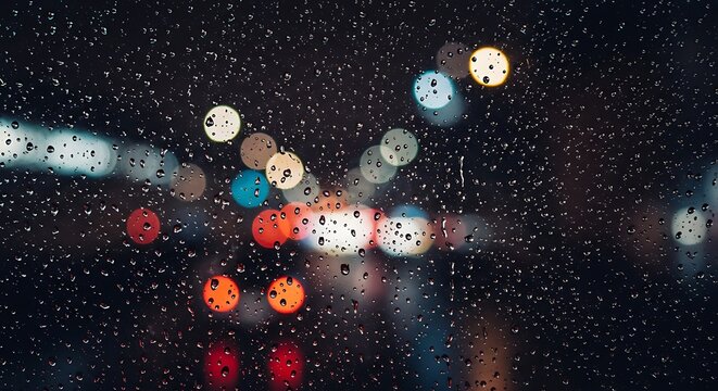 Raindrops on window glass at night with blurred city street lights (bokeh background).
