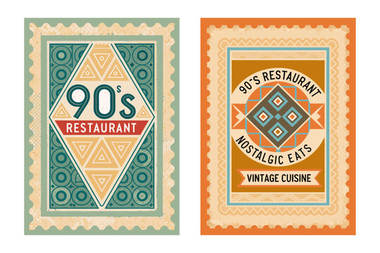 90s restaurant emblem stamp, distressed ink, geometric shapes