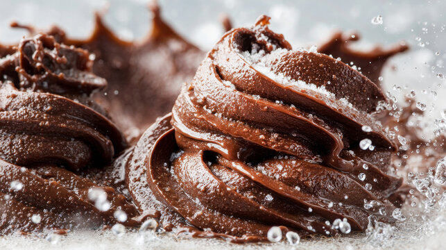 Dynamic splash of rich brown chocolate swirling and flowing with droplets against a white background, featuring ample copy space for design