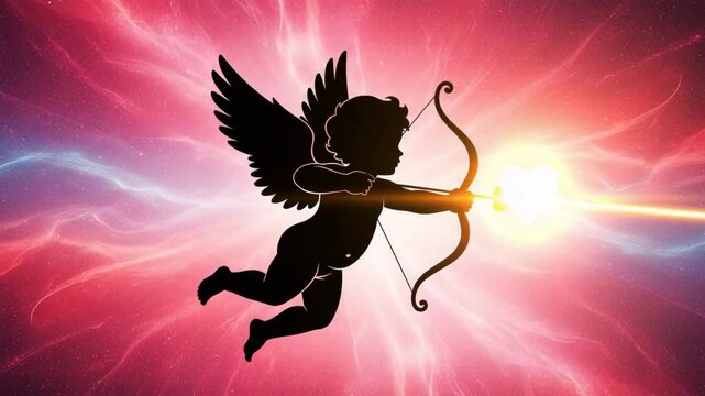 Cupid silhouette aiming arrow on a vibrant pink and purple energy background
