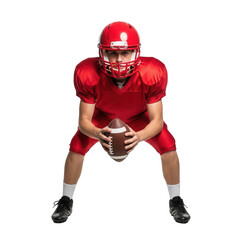American football player in red uniform holding ball isolated on transparent background