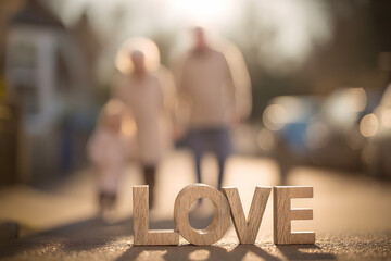 Fototapeta premium Wooden LOVE Letters on the Street with Blurry Family Walking in Sunset Background