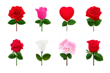 Red rose pink rose heart shape white rose and pink orchid flower with green leaves isolated on transparent background symbolizing love romance and beauty for decoration or design