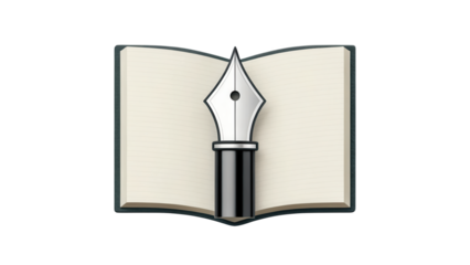 Fountain pen nib over open lined notebook for writing concepts isolated on white background