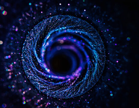 Abstract Swirling Digital Vortex or Black Hole with Blue and Purple Particle Trails