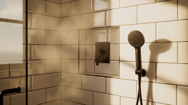 Modern bathroom interior with window showing sunlight illuminating tiled shower and dark corner