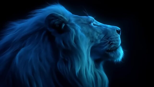 Majestic lion portrait illuminated by blue light against black backdrop