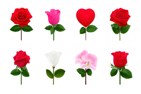 Red rose pink rose heart shape white rose and pink orchid flower with green leaves isolated on transparent background symbolizing love romance and beauty for decoration or design