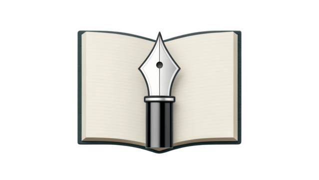 Fountain pen nib over open lined notebook for writing concepts isolated on white background