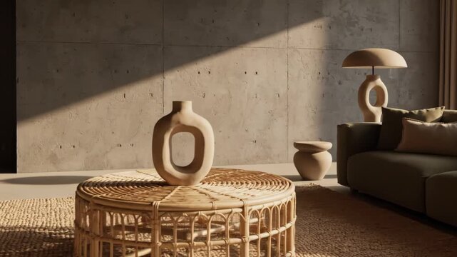 Modern living room interior with concrete wall rattan table sofa lamp and decorative vase in natural light