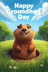 Happy groundhog day cartoon illustration with a cheerful groundhog emerging from its burrow
