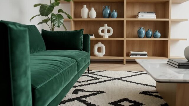 Modern living room interior with green velvet sofa wooden bookshelf coffee table and patterned rug